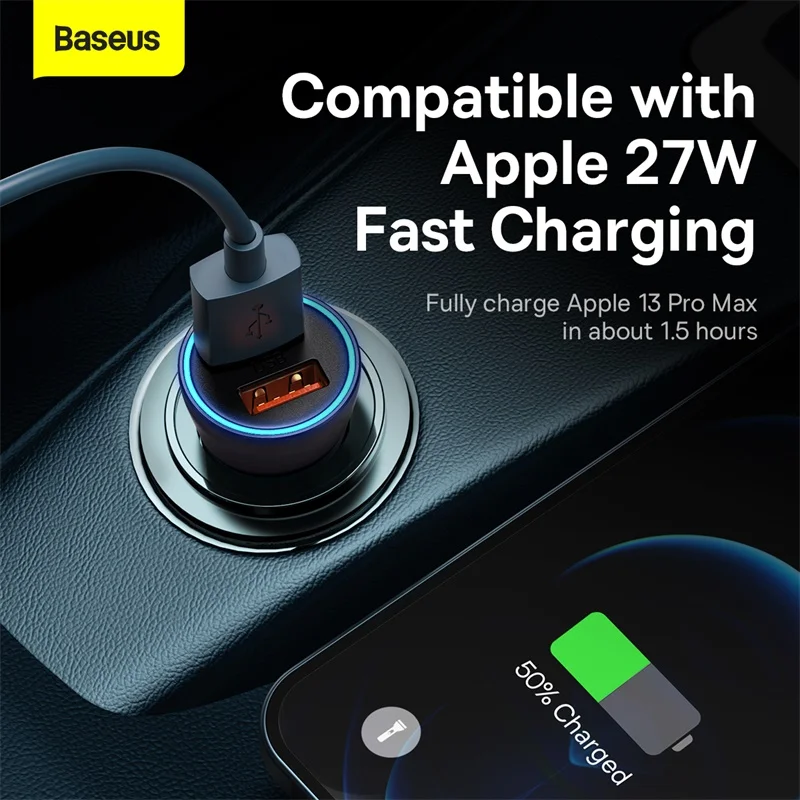 Baseus 60W Car Charger Quick Charge 4.0 3.0 Dual Port PD Type-C Fast Charging Phone Car Charger For iPhone Xiaomi Huawei Samsung