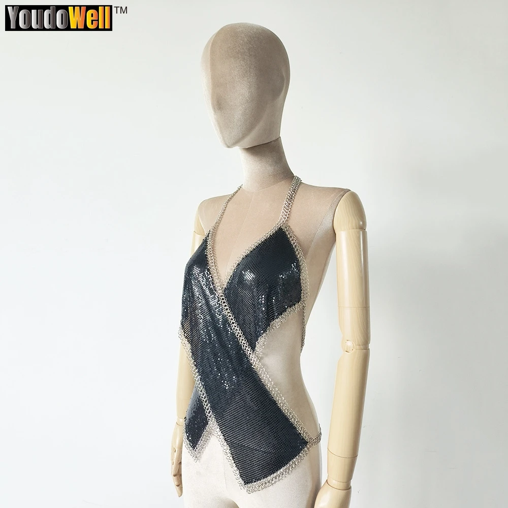 Sexy Metal Sequin Top, Irregular Personality Top, Cross Hanging Neck, Backless, Backless, Irregular, Nightclub, Bar, Vest