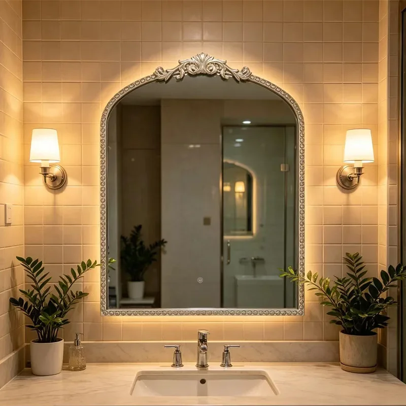 American-style living room, home bedroom, vintage arched dressing mirror, French light luxury decorative mirror, floor-standing
