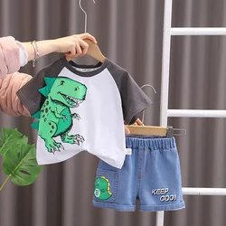 Two piece summer boys and children's clothing cartoon dinosaur short sleeved round neck pullover T-shirt+jeans shorts set 1-4 y