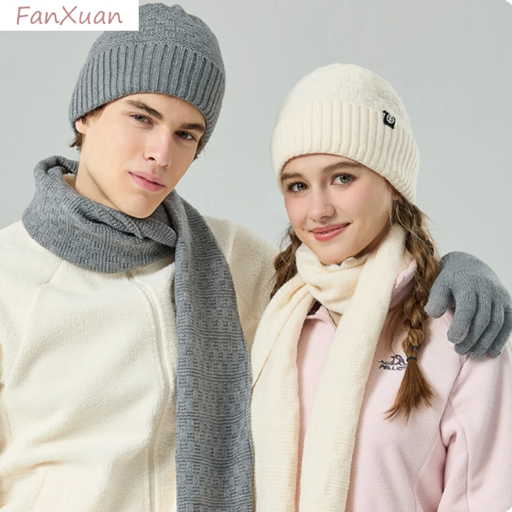 3 قطعة قبعة الشتاء وشاح قفاز مجموعات للرجال النساء محبوك قبعات صغيرة مجموعة وشاح طويل قفازات شاشة اللمس هدية الأسرة