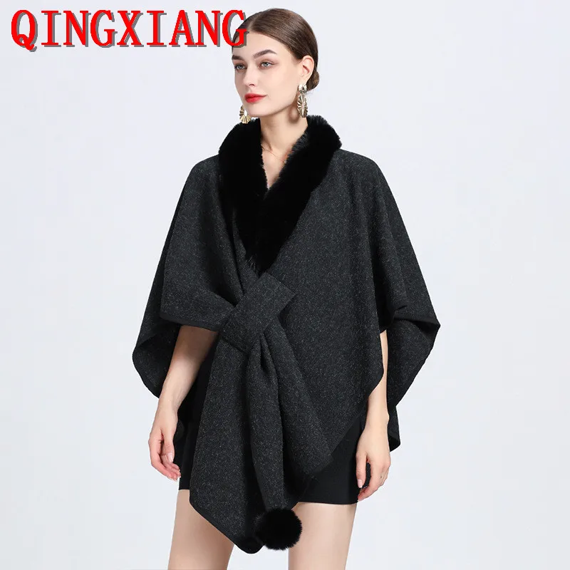 12 Colors Winter Knitted Women Faux Fur Neck Poncho Cloak Fashion Criss-Cross Outside Cape Woolen Streetwear Shawl Oversize Coat