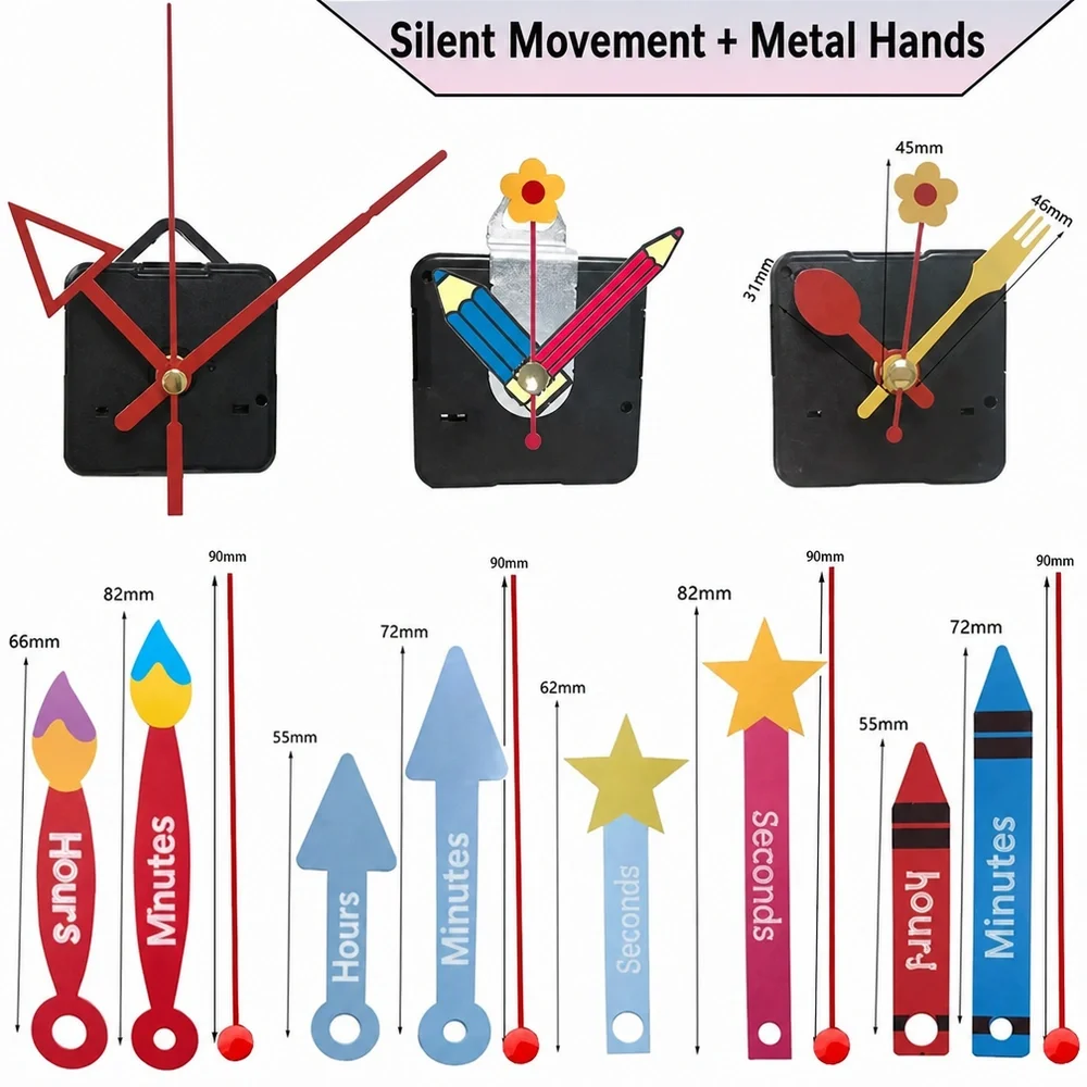 Creative Cartoon Pencil Crayon Silent Quartz Clock Movement with Metal Hands Set DIY Wall Clock Repair Parts Kids Room Decor