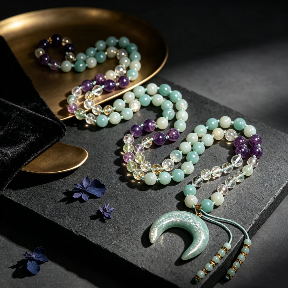 108 Mala Beaded Necklace for Women Jewelry Bohemian Dream Catching Tassel Pendant 8mm Amazonite Stone Prayer Japamala Necklace 2