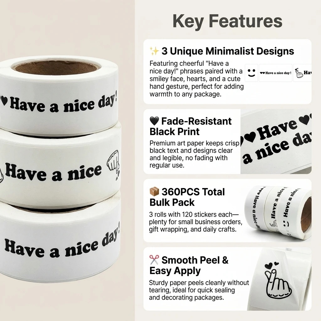 120Pcs/Roll Have a Nice Day Hand Heart Stickers 1*3inch 3 Designs Diy Office index label Adorn Gifts, Notebook, Package Seal
