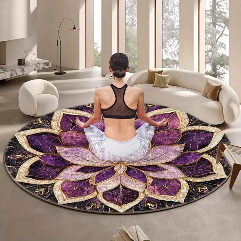 VIKAMA Purple Gilded Gold Crack Lotus Mandala Round Carpet, Swivel Chair Mat, French Bedroom Light Luxury Living Room Rug