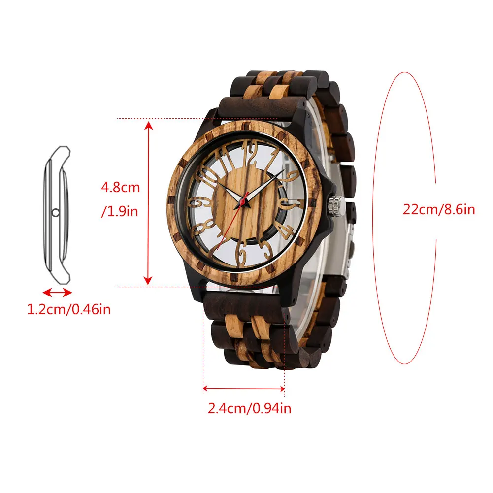 Chic Transparent Hollow Arabic Numerals Dial Quartz Wooden Men Watch Quartz Movement Vintage Natural Full Wooden Watch Band