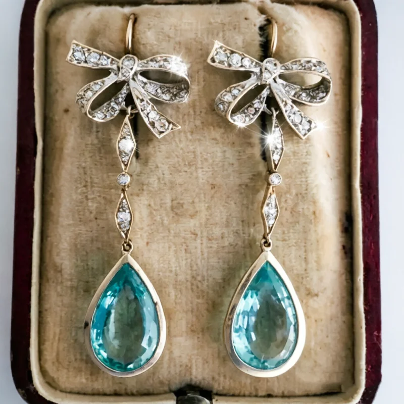 Elegant Bowknot Waterdrop Blue Synthetic Zirconia Pendant Earrings for Women Vintage Luxury Wedding Anniversary Artistic Jewelry