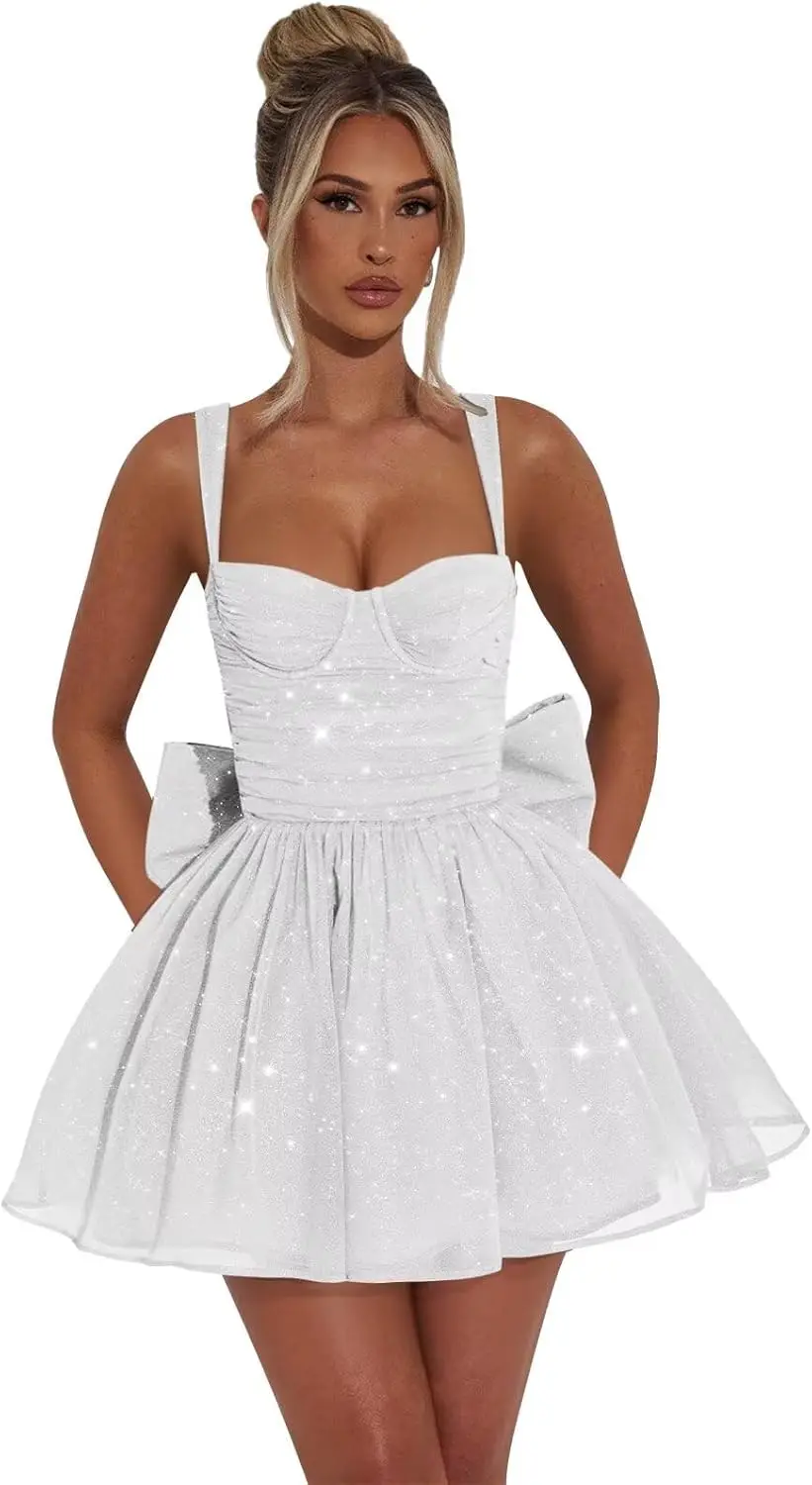 

Sparkly Short Homecoming Dresses for Teens with Bows Puffy Pleated Graduation Prom Cocktail Party Gowns with Sequins School Gown