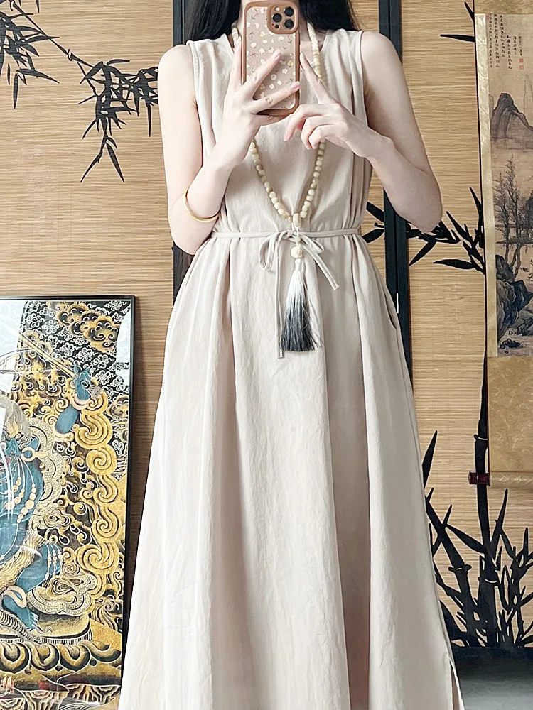 Conjunto de cardigã estilo chinês com vestido ramie sem mangas com renda e jaqueta de fio de algodão para uma sensação fresca e refrescante