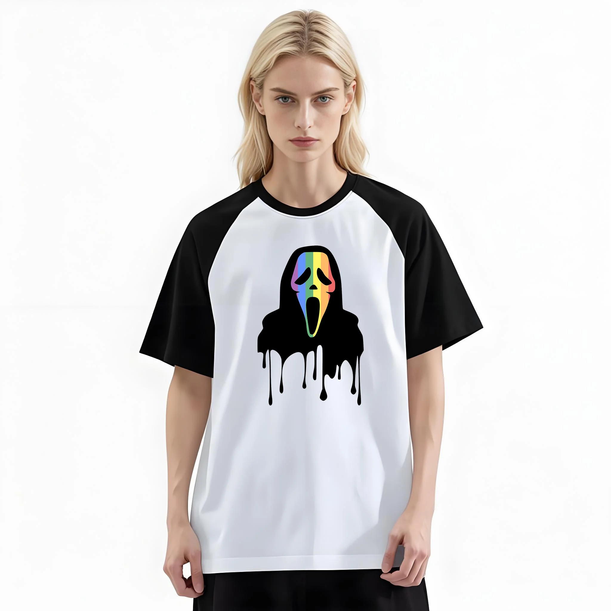 Women'S Fashion Raglan Sleeve T-Shirt, Dripping Rainbow Ghostface Horror Pride Printed, Summer Casual Comfortable Tee, Women'S Everyday Short-Sleeve Top