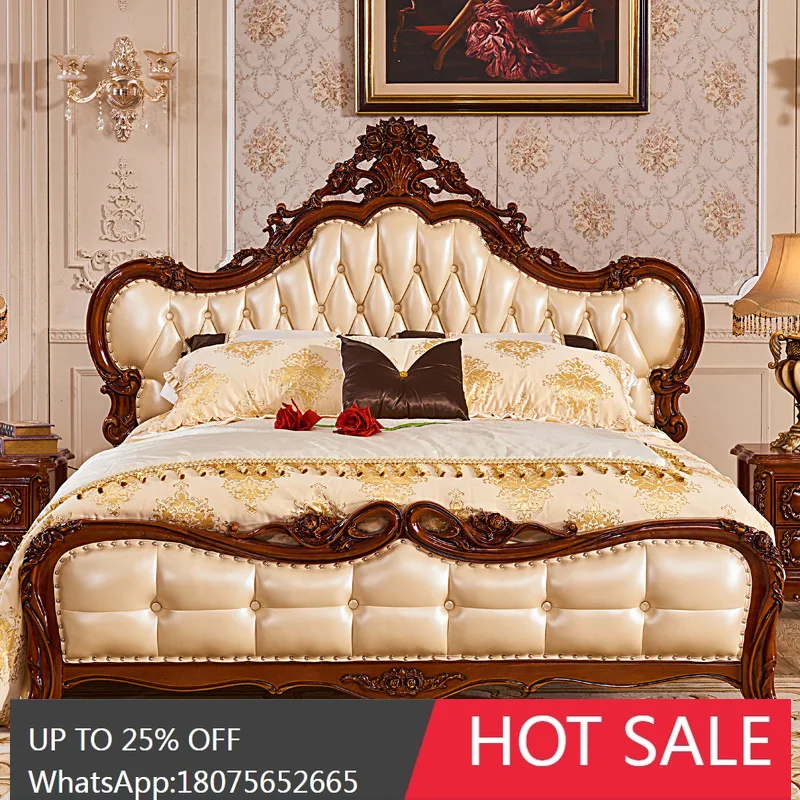

SGF European Style Leather Bed Bedroom Luxury Villa Style Solid Wood Bed