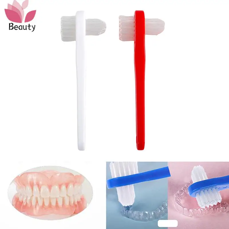 1PC T-shape Denture Dedicated Brush Orthodontic Toothbrush Dual Head False Teeth Brushes Cleaner Adult Student Teeth Whiteing