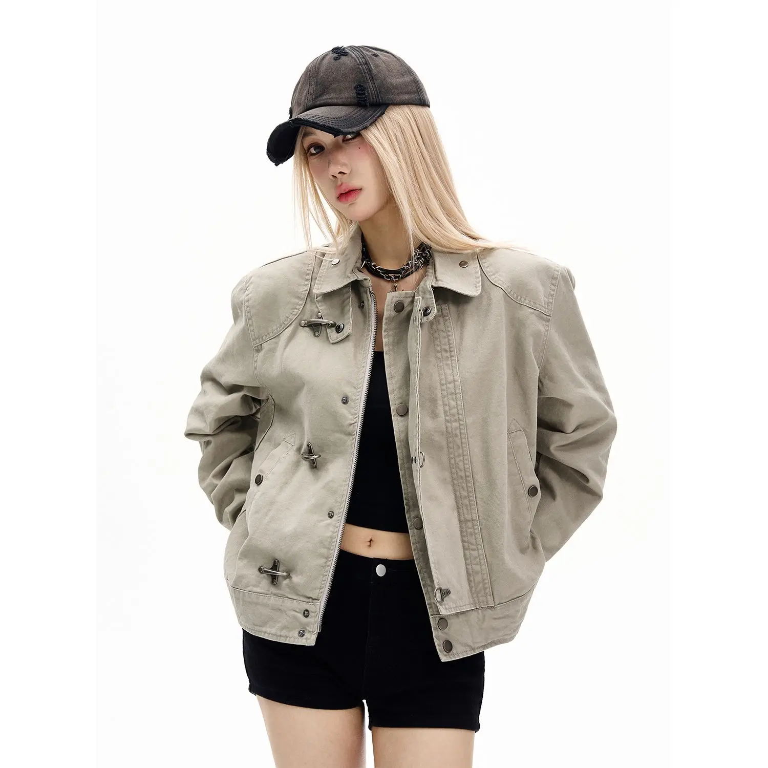 

Subculture Gothic Jacket Female Outwear Harajuku Coats 2000s American Vintage Safari with Sweatshirts Women Long Sleeve