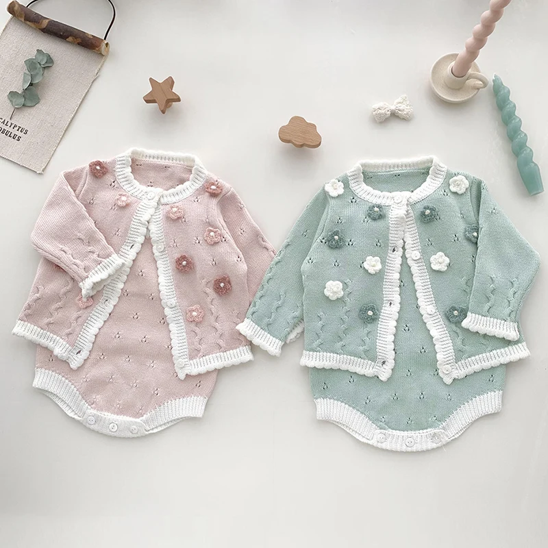 2024 New Autumn Toddler Baby Girl Knitting Clothes Suit Long Sleeved Knitted Cardigan+Jumpsuit Newborn Baby Girls Clothing Set