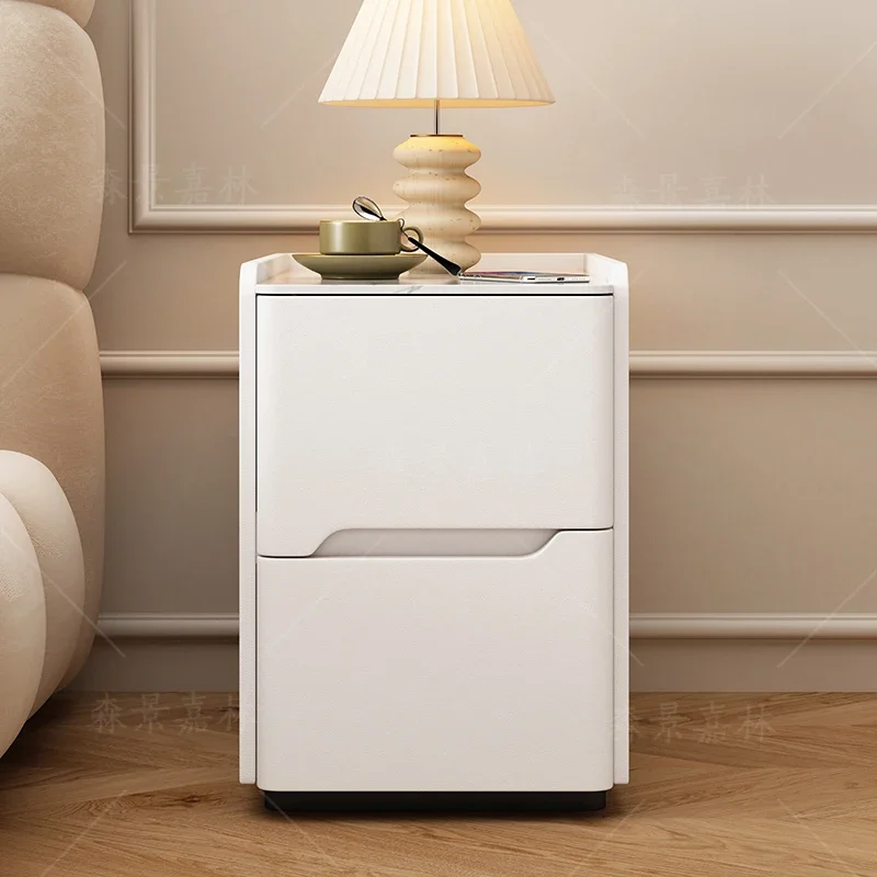 Installation-free all-solid wood leather bedside table, small bedroom, household ultra-narrow bedside table, new light luxury mi