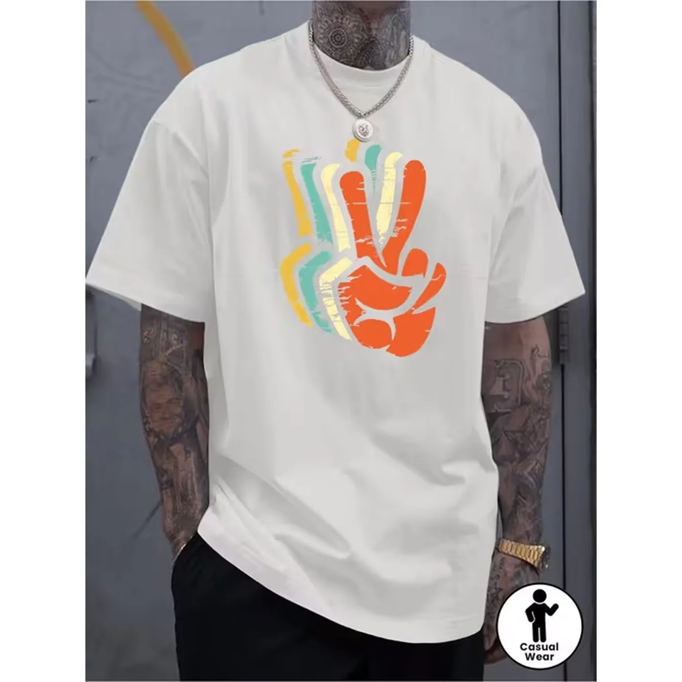 Mens Retro Pattern Printed Short Sleeve T Shirt Shirt Sign And Abstract Gesture Design Regular Fit Casual Summer T Shirt Machine Washable Vintage Style Artistic T Shirt Breathable Fabric Fashionable Top