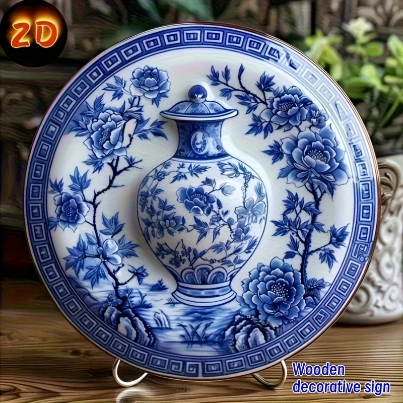2D-Gedrucktes Rundes Metallschild Blau-Weiße Porzellanvase Blumenmuster Vorgebohrt Einfach zu Hängen Heim-Wanddekoration 7,87x7,87 Zoll