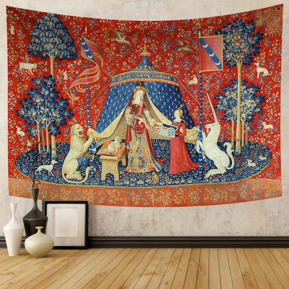 Medieval Lady and The Unicorn Tapestry Wall Hanging Multifunction Home Decor Background Decor Bedspread Blanket Mat Covering