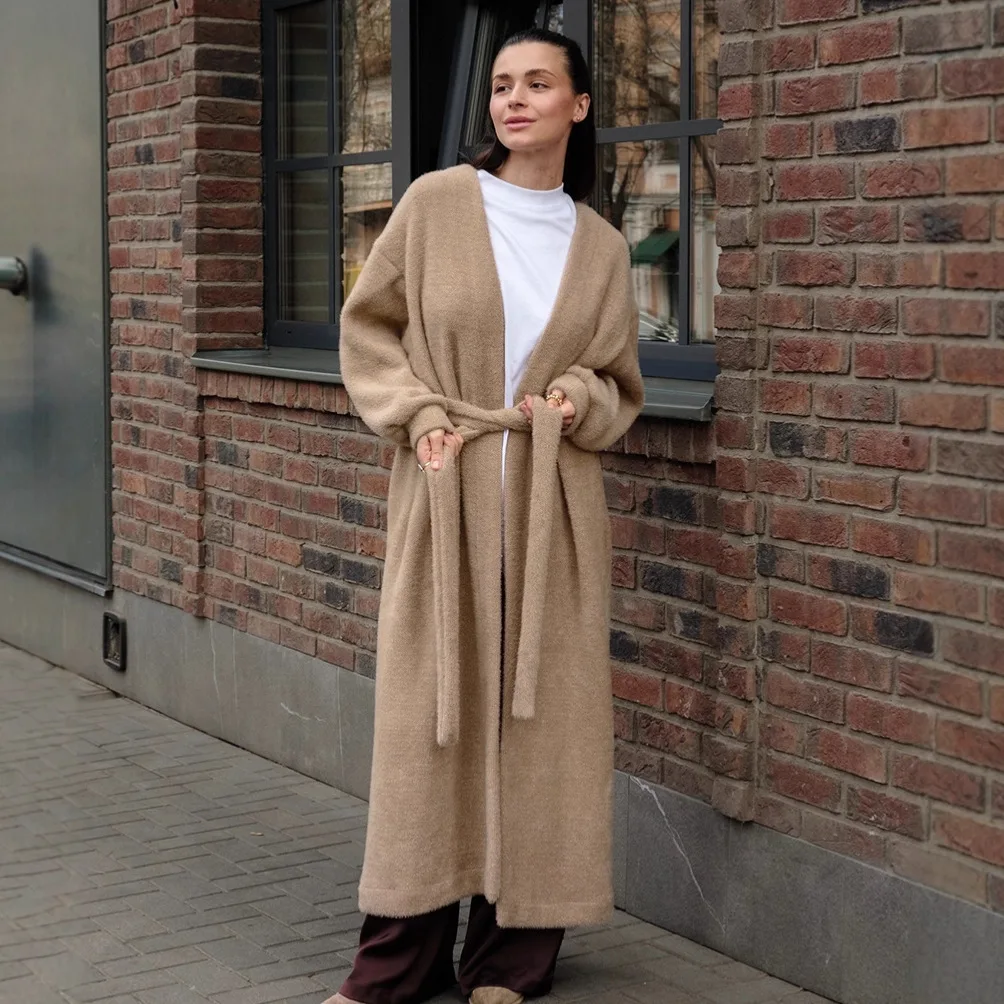 الخريف المرأة فو المنك سترة بلون الدانتيل يصل الخصر حزام معطف لسيدة مترهل نمط طويل الإناث سترة صوفية #4