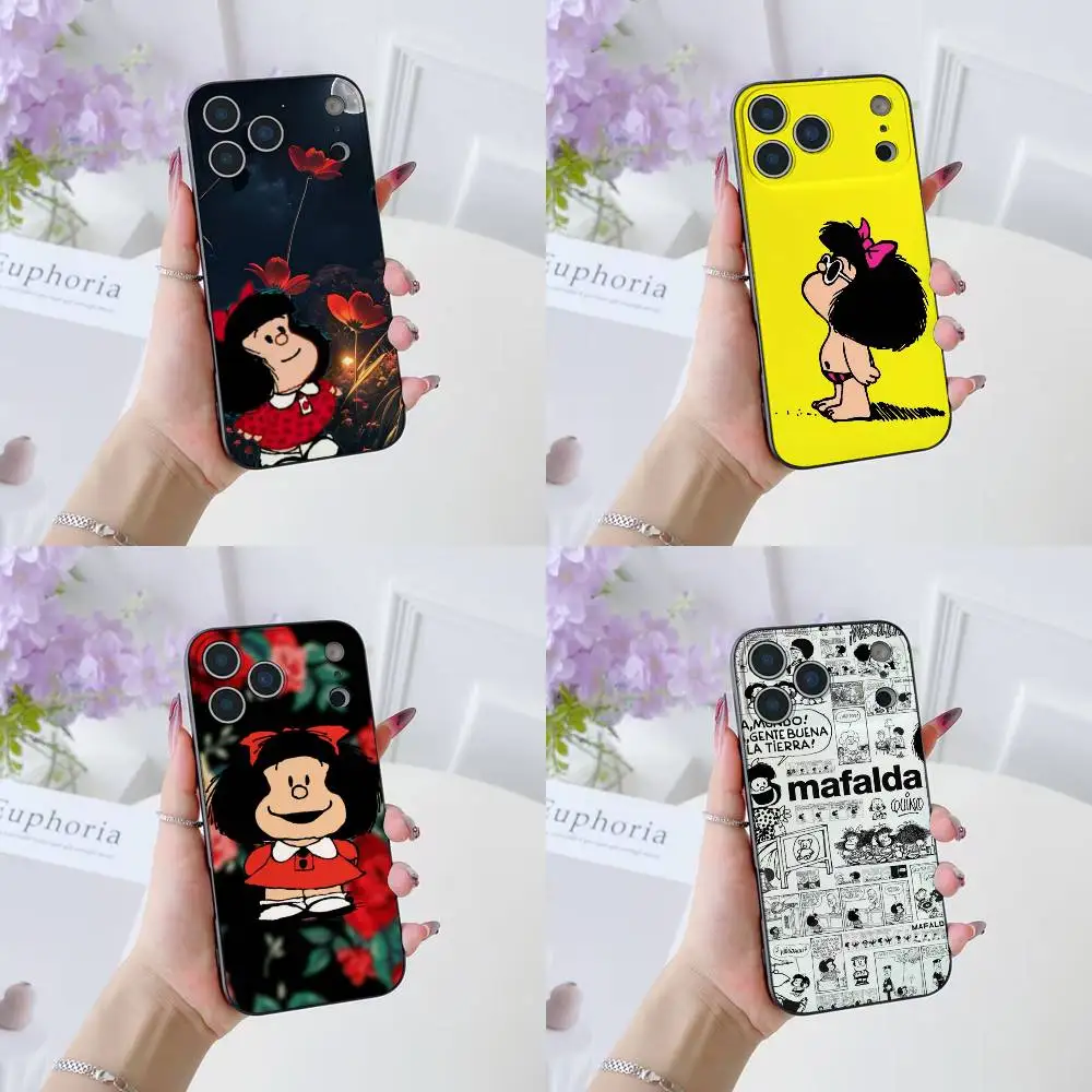 Niedliche Mafalda-Cartoon-Handyhülle für iPhone 17, 16, 15, 14, 13, 12, 11, Pro Max Plus Air Mini, schwarzes Silikon, weich