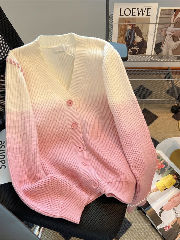 Women's Pink Gradient Cardigan Knitted Sweater Harajuku Vintage Y2k Long Sleeves V-Neck Cashmere Sweaters Jumper 2000s Clothes