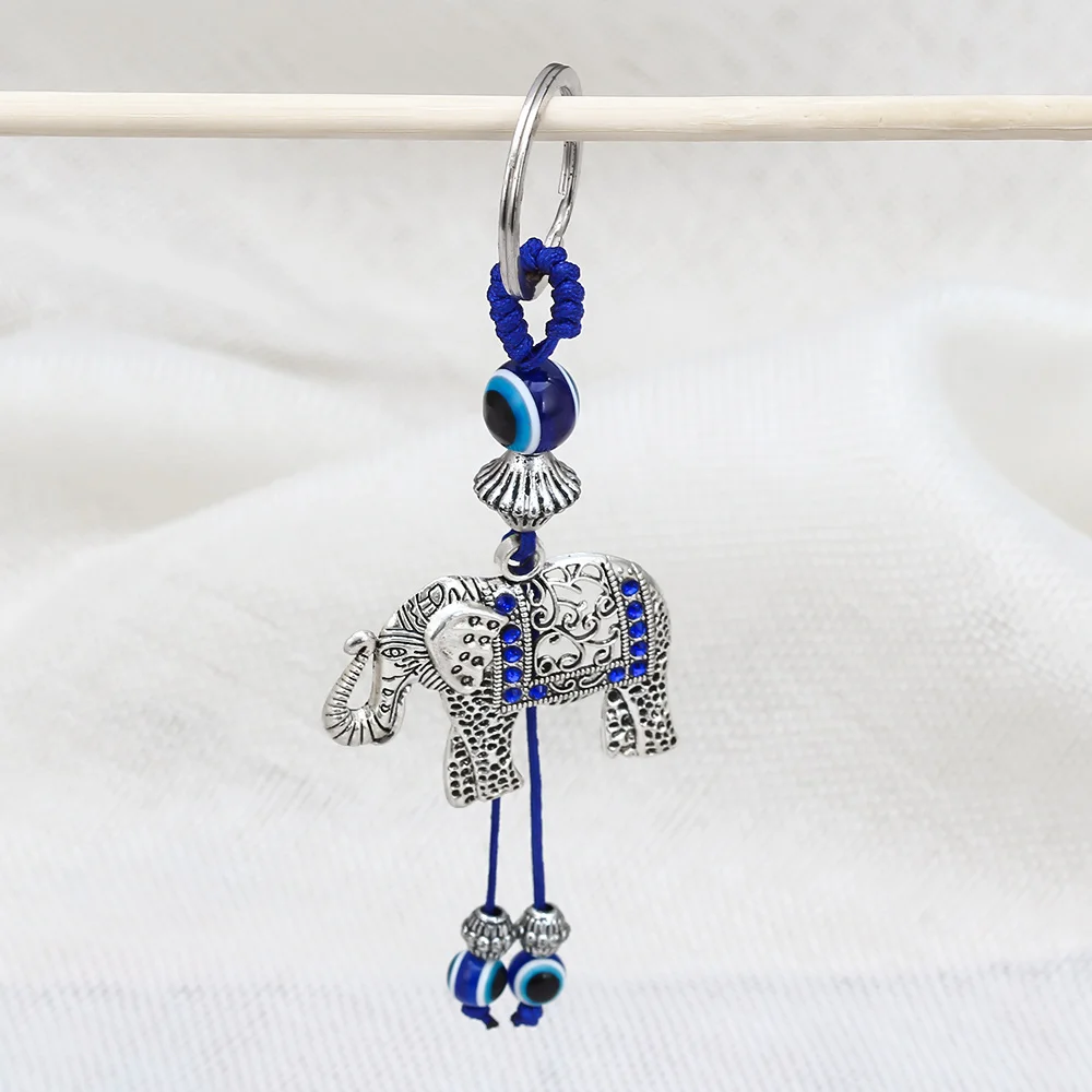 Lucky Eye Alloy Elephant Keychain Blue Turkish Evil Eye Bead Key Chain Women Men Bag Car Keyring llavero porte clé מחזיק מפתחות