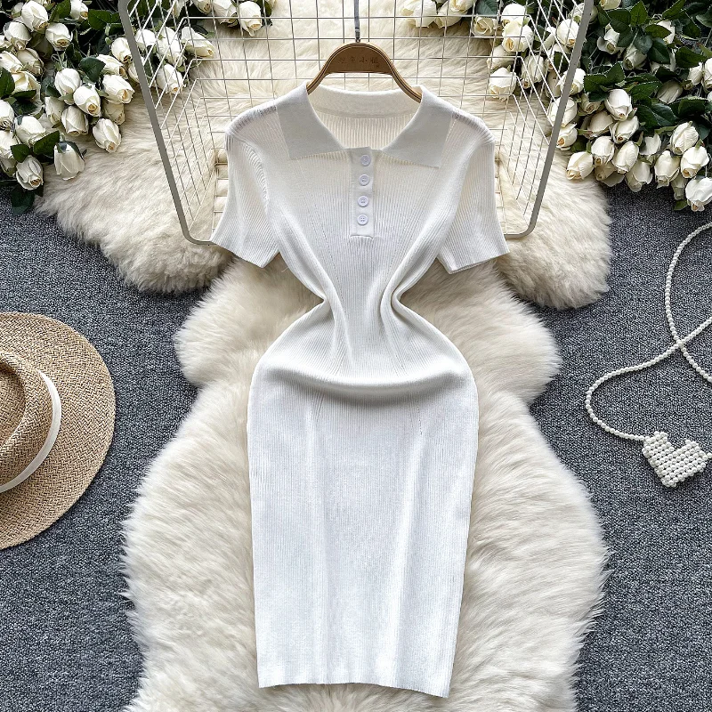 

Summer Dresses For Women Turn-down Collar Solid White Knitted Short-sleeved Button Versatile Sheath Mini Dresses