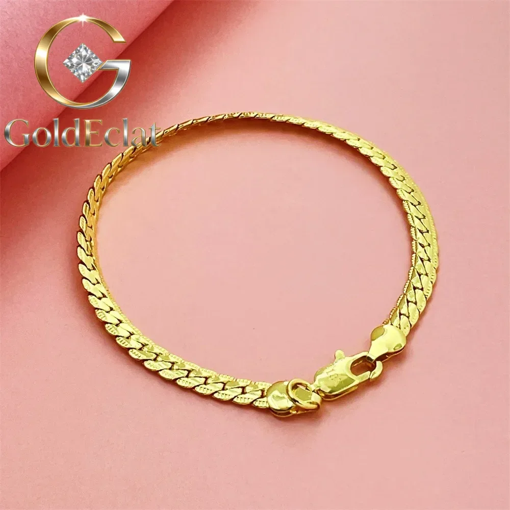 

GoldEclat Luxury 24K 9999 Pure Gold real gold Men's and Women's Flat Snake Bone Bracelet 5mm Bracelet