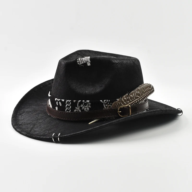 Vintage Kunstleder Western Cowboy Hut für Männer handgemachte Gentleman Jazz Hüte Panama Cowgirl Hut Sombrero Hombre – Detail 3