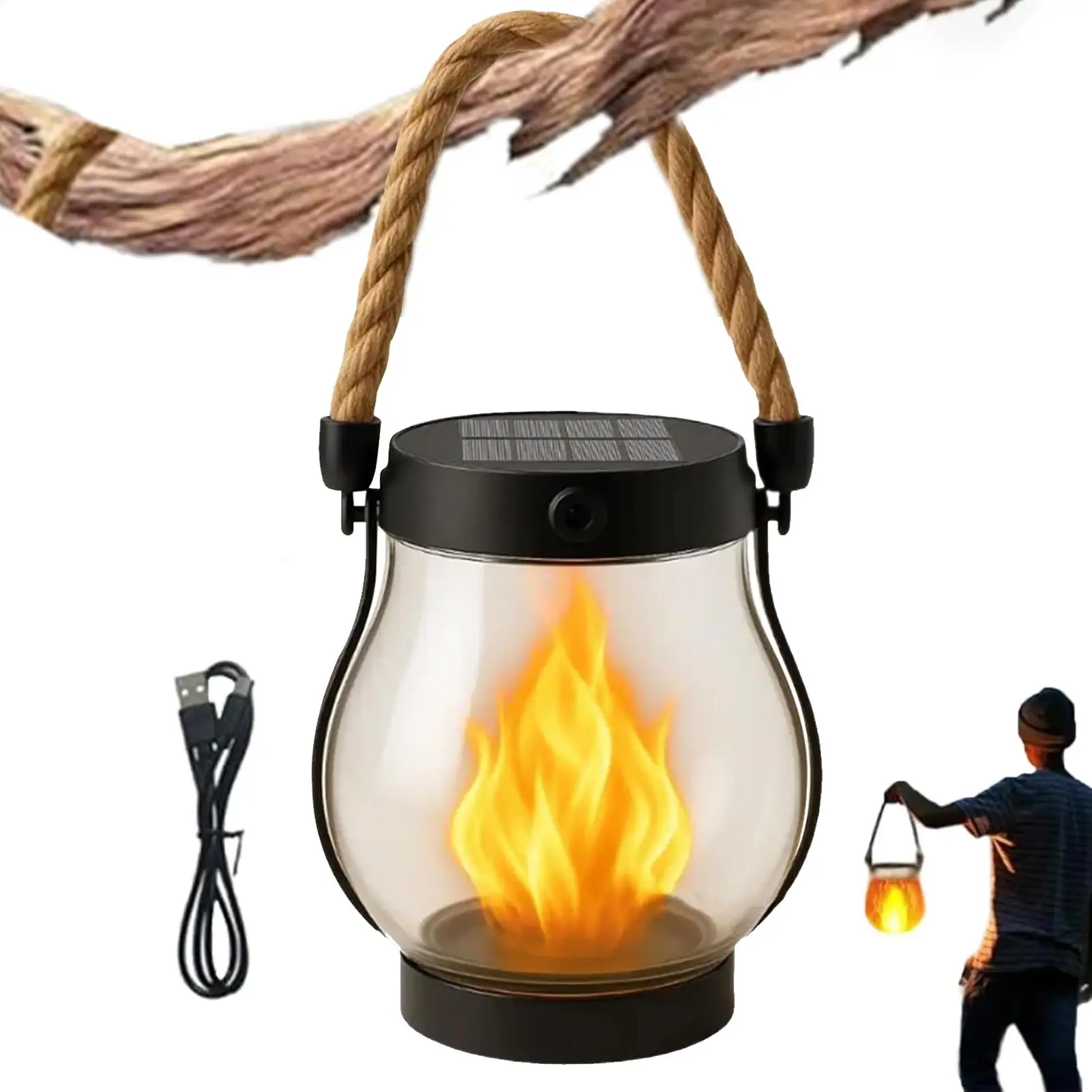 Solar Flame Lantern Outdoor Hanging Light Waterproof Rustic Rope Lamp Fire Effect Patio Garden Yard Camping Decoration
