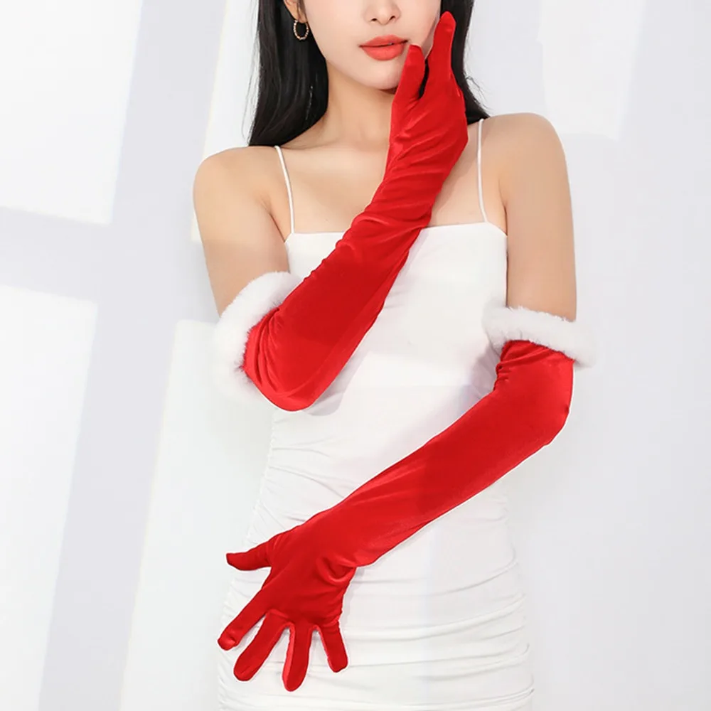 Red/Black Plush Christmas Gloves Cosplay Retro Velvet Long Gloves Elegant Stage Performance Etiquette Mittens Autumn
