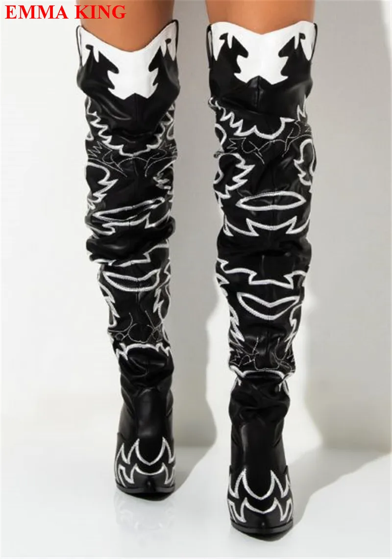 أسود أبيض Emborider كاوبوي أحذية للنساء حذاء بكعب سميك الفخذ أحذية عالية أشار تو فوق الركبة أحذية عالية الكعب امرأة