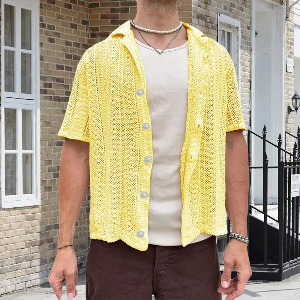 

Casual Summer Cardigan Short Sleeve Men Shirt Stylish Men's Hollow Out Cardigan with Turn-down Collar for Casual for Summer