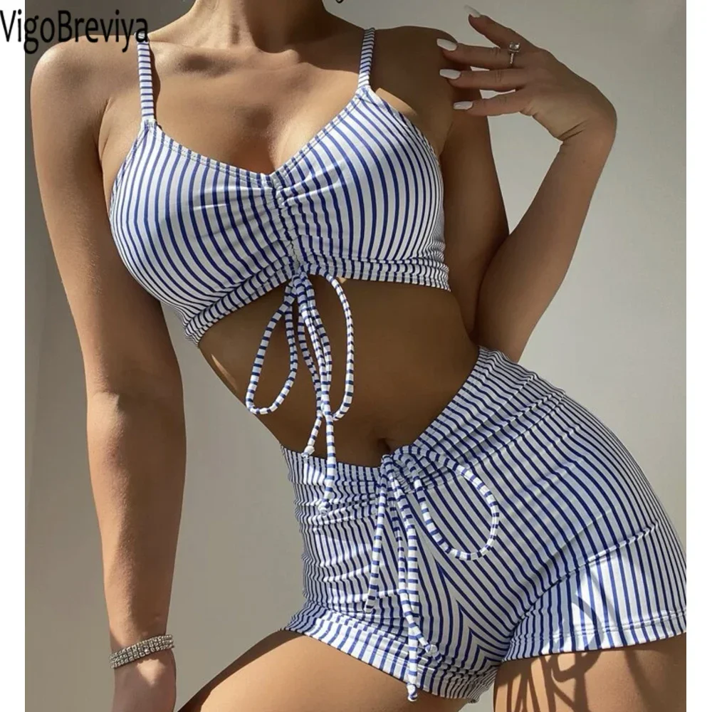 VigoBreviya 2025 полосатый купальник на бретелях женский сексуальный комплект бикини с высокой талией пуш-ап купальник с открытой спиной летний пляжный купальный костюм