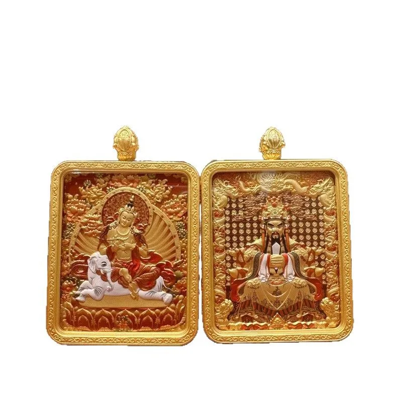 قلادة Tangka التبتية على الوجهين مجسمة Wuye Manjusri Tangka مرسومة باليد من الذهب الأسود ثمانية حراس قلادة محمولة