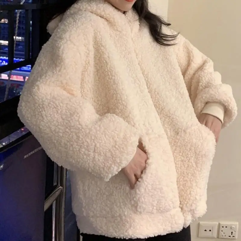 31BF Women Winter Long Sleeve Faux Fur Hoodies for Jacket Bear Ears Zip Up Sweatshirt Coat Oversized Loose Fleece Outw