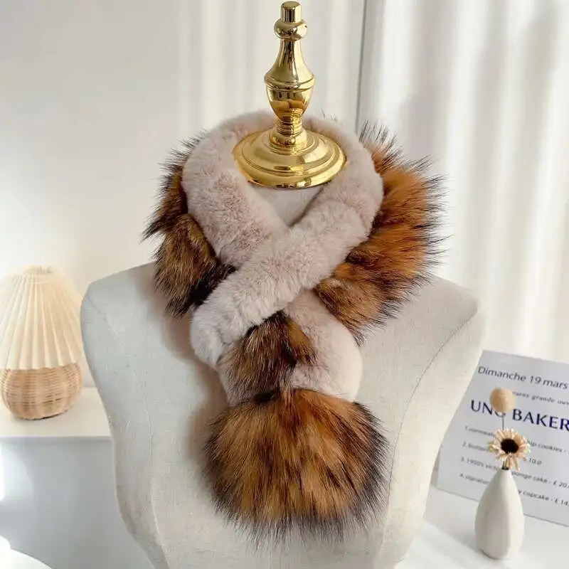 Real Rex Rabbit Fur Scarf Women's Fur Scarf With Raccoon Fur Ball Winter Fashion Thick Warm Neck Cover Lady Genuine Fur Scarves