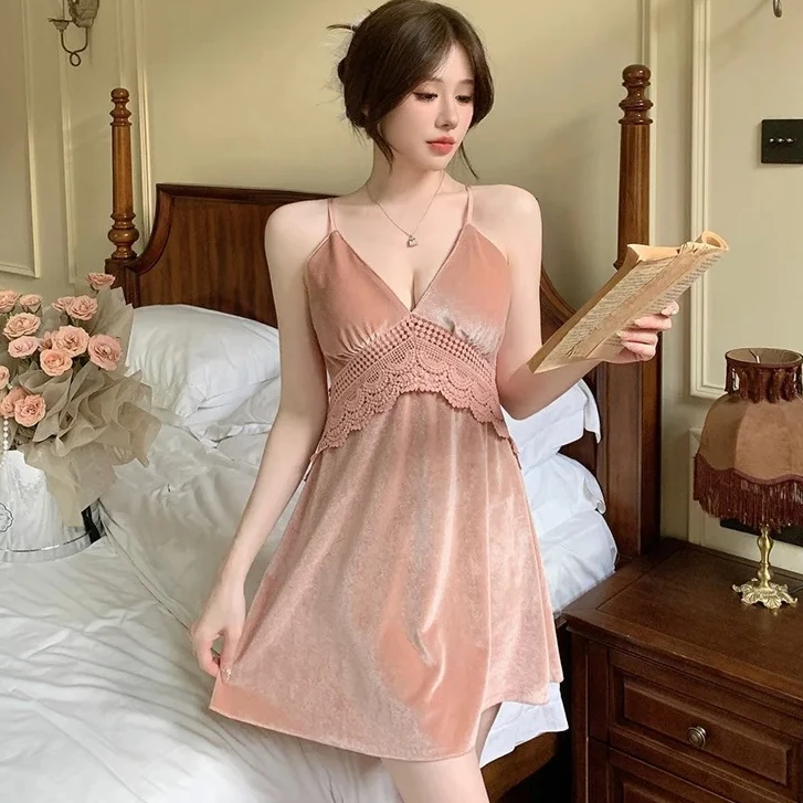 

Sexy Strap Nightgown Women Lace Velour Chemise Nightdress Sleepwear Gown Home Dress Loungewear Spring Nighties Lingerie