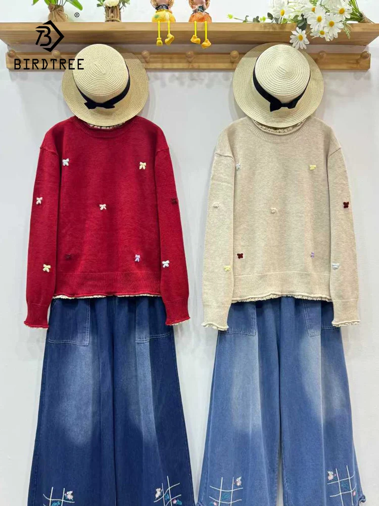 

New 2026 Spring Cotton Blending Sweater, Women O Neck Bow Lace Patchwork, Mori Girl Fashion INS Loose Pullover Sweater T5D824CC