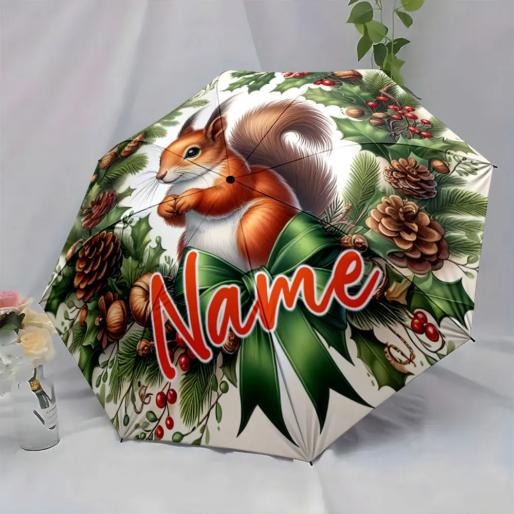 Custom Name Decorative Squirrel Umbrella with Christmas Elements Print 8 Iron Ribs Folding Umbrella Auto-Open Fashion Sunshade
