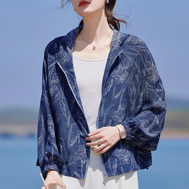 100% Real Silk Women's Hooded Jacket Spring Summer Casual Jackets Coats for Women Long Sleeve Print Denim Blue Short Coat Loose
