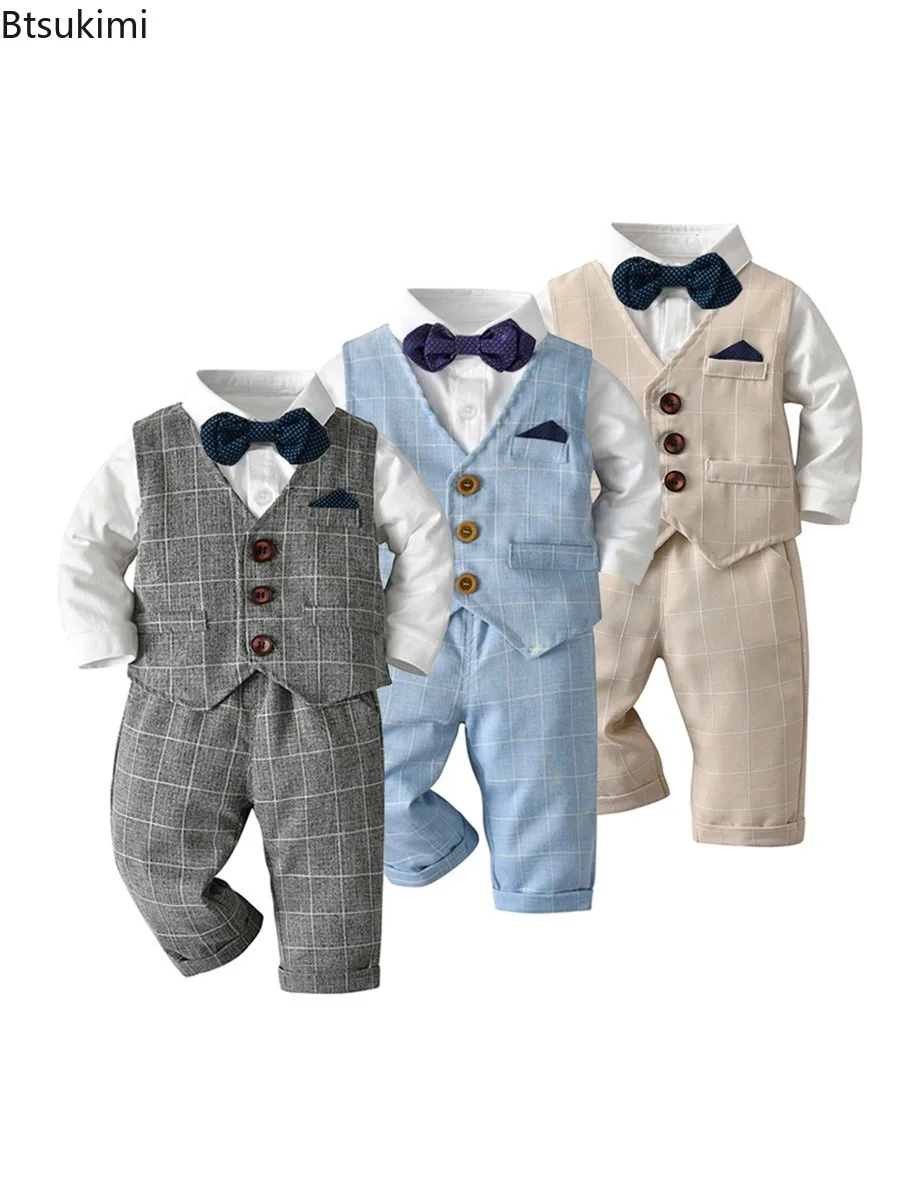 Baby Boy's Clothes Sets Kids Toddler Boys Long Sleeve Bow Tie Gentleman Suit Wedding Birthday Party Dress Baby Formal Clothing