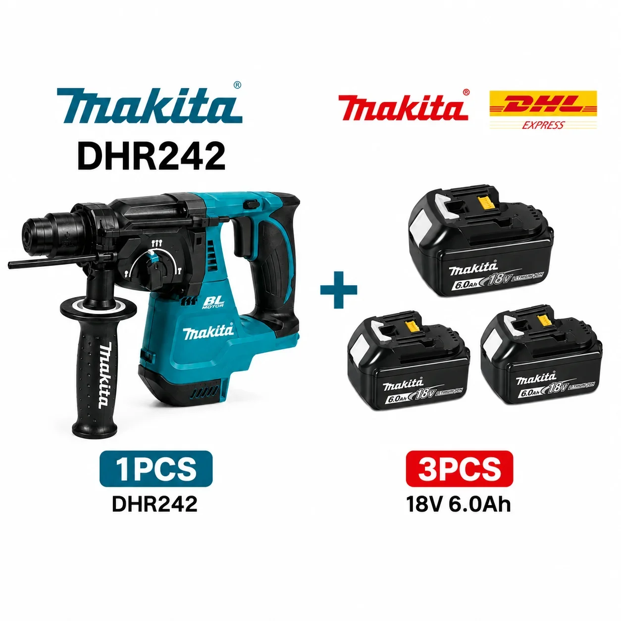 Original Makita DHR242 18V bürstenloser Bohrhammer mit Makita 6,0Ah Akku & Schnellladegerät, 24mm SDS-Plus, 3-Modi, 2,0J Schlagkraft, professionelles Betonwerkzeug, EU-Lager