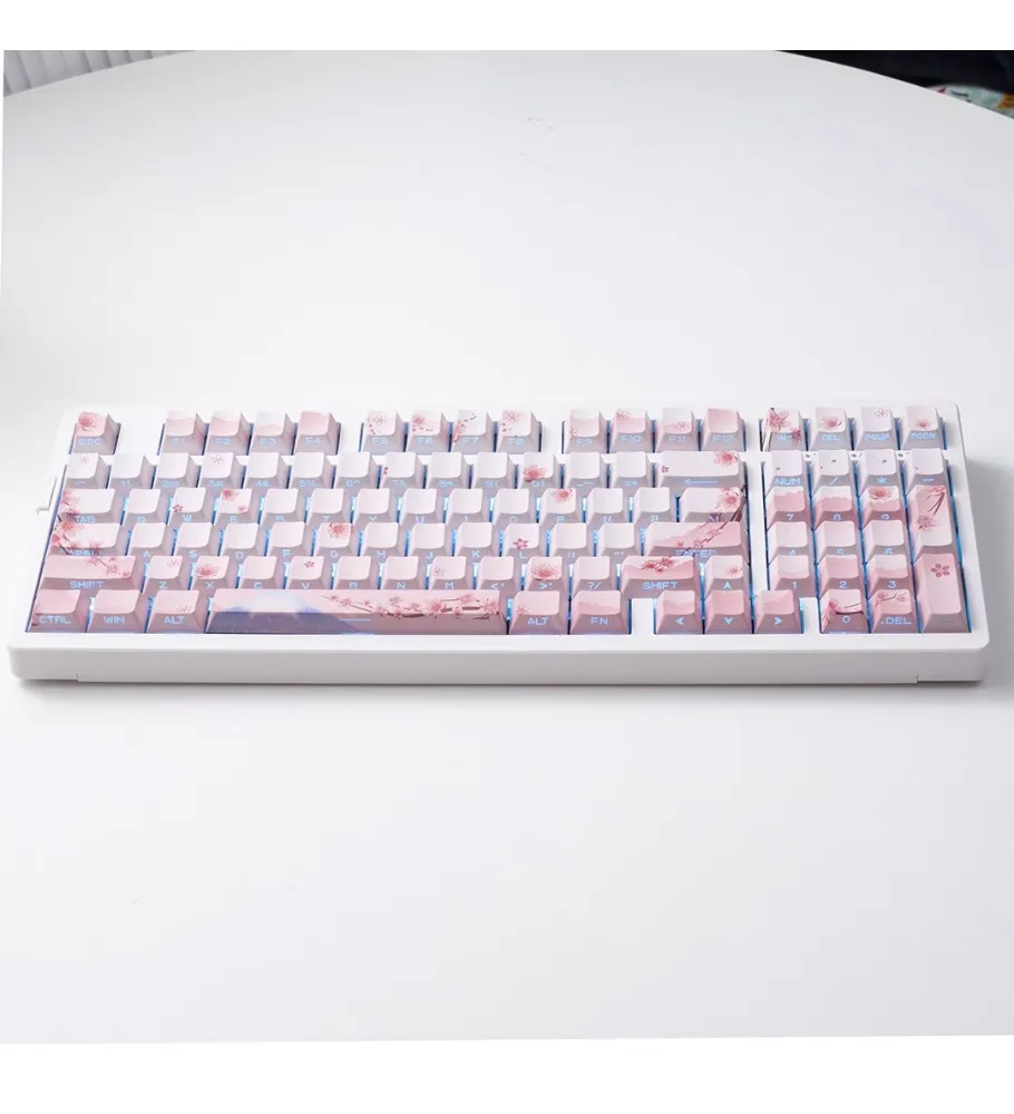 Girls cherry blossom powder gradual change keycap high value PBT hot sublimation side engraved light transmission advanced