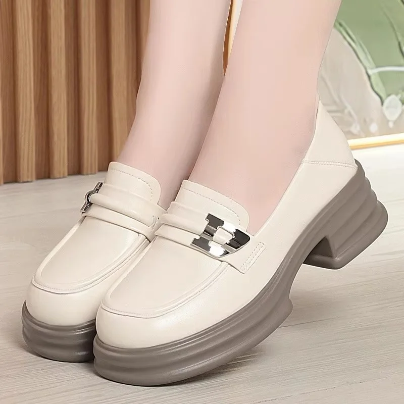 

5cm Square Heels Shoes Vintage Shallow Breathable Soft leather Loafers 2025 Spring Thick Bottom Chunky Platform Shoes Office Mom