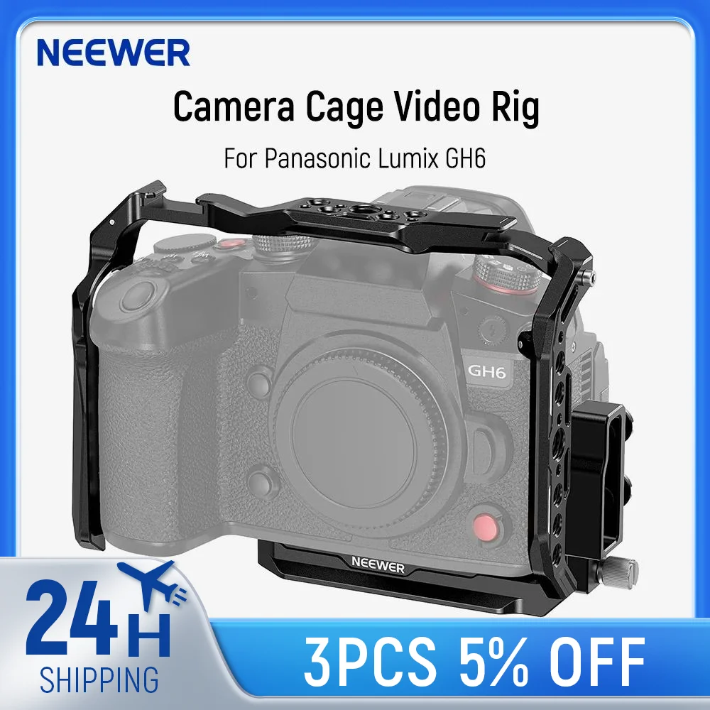 

NEEWER Camera Cage For Panasonic Lumix GH6 Aluminum Video Rig with HDMI Cable Clamp, NATO Rail, 1/4" 3/8" Threads, Cold Shoe