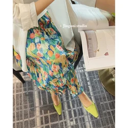 Women Skirts 2023 Summer orean Fashion Long Y2k Midi Lolita Pleated Satin A-line Vintage Spring Floral High Waist New