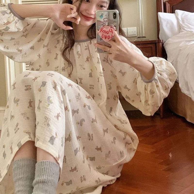 

New Bubble Wrinkled Fabric Long-sleeved Nightgown Fall Models Can Be Worn Outside The Sweet Cartoon Loose Round Neck Loungewear