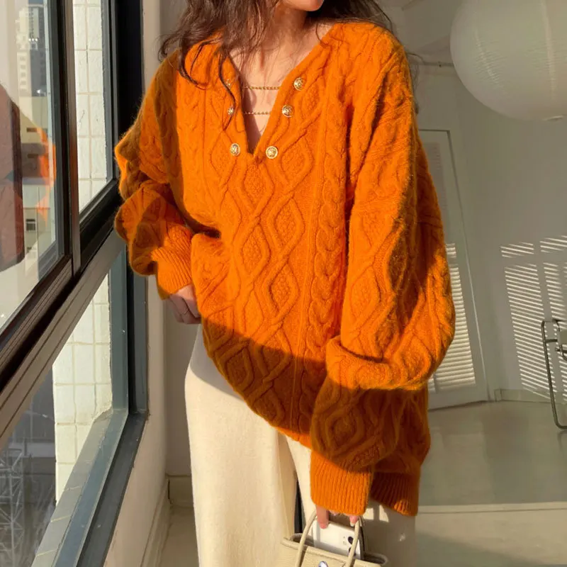 V-neck Sweater Women Autumn and Winter New Loose Pullover Fried Dough Twists Sweater